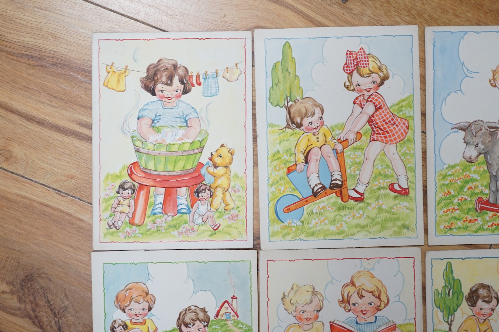 Freda Rose (20th. C), set of six original watercolours for children's postcard designs, Humorous children, each signed with initials, four with 21st May 1946 date stamps verso, 18.5 x 14cm, unframed. Condition - fair to